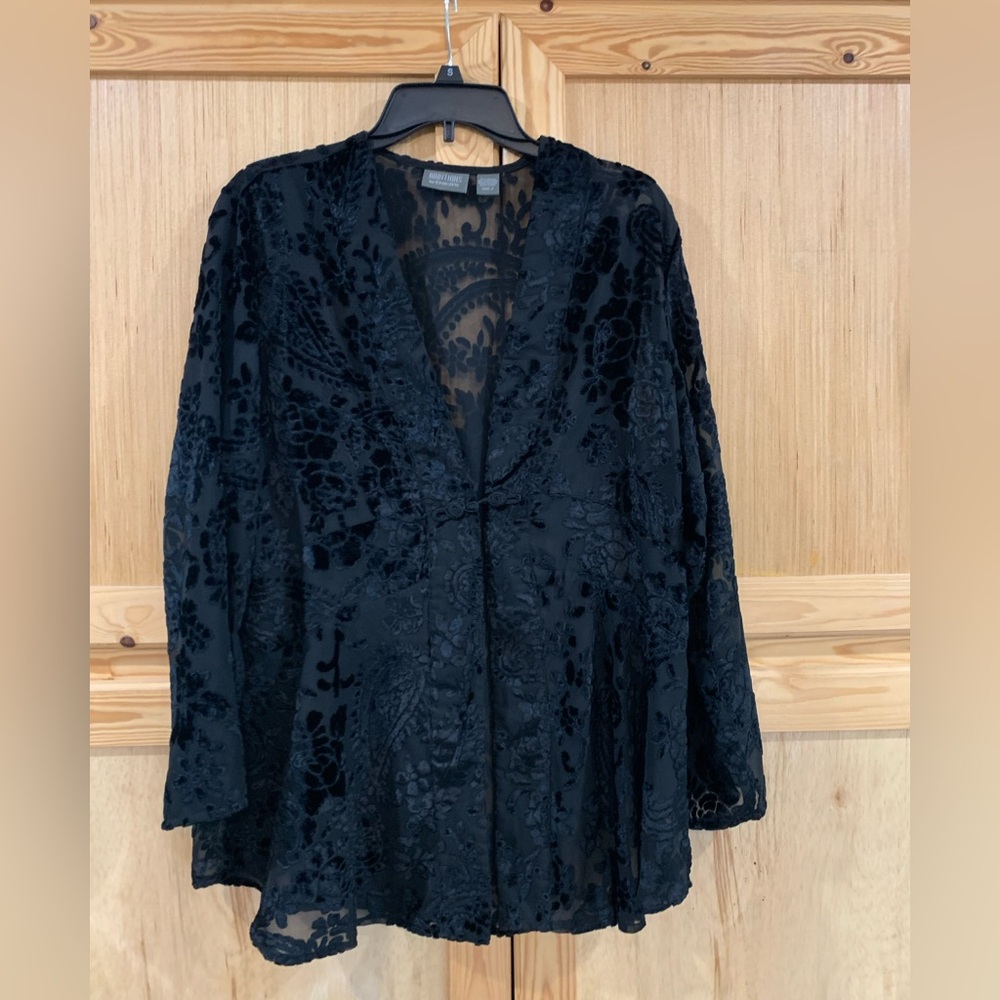 Chico's Black Sheer Patterned Flocked Over Blouse Oriental Sz 2 (M 12) Gorgeous
